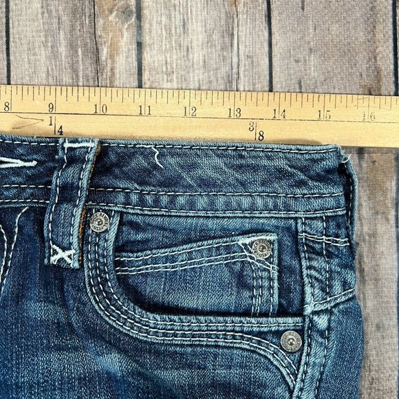 Rock Revival Ele Bootcut Stretch Jeans 27x34 Mens Blue Denim Thick Stitch Flap - Picture 9 of 13